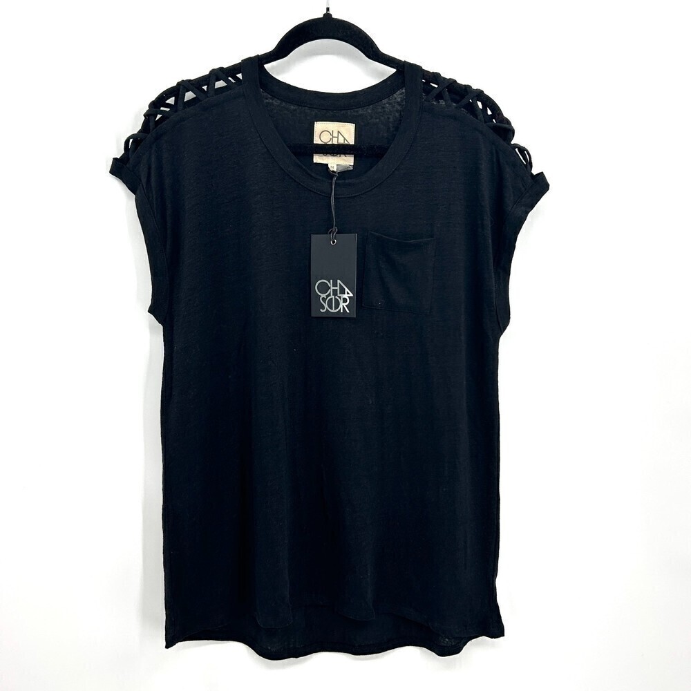 NWT CHASER Black Linen Jersey Cap Sleeve Strappy Shoulder Pocket Tee Size Medium